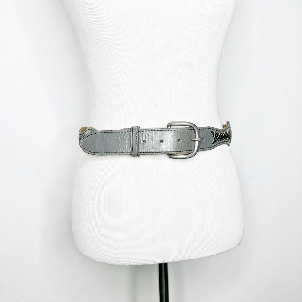 vtg WRIGHT woven leather medallion belt GRAY boho waist cinching western S/M